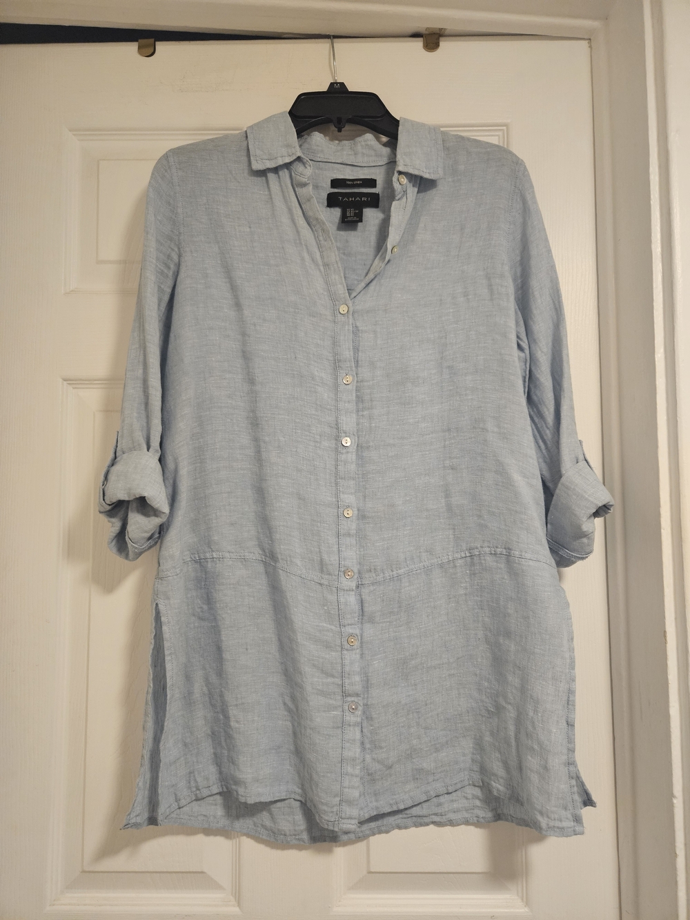 Tahari Light Blue Linen Button-Down Tunic Shirt NWOT